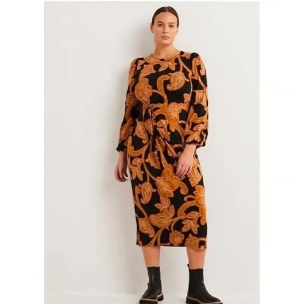 Boden Womens Dress UK 10 US 6 Gold Paisley Puff Sleeve Knot detail D0431 NWT